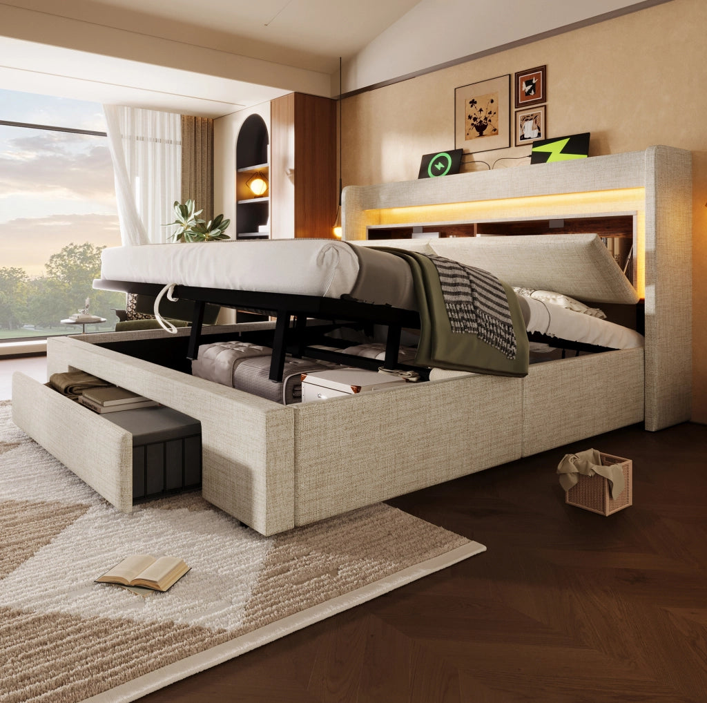 Letto imbottito 160x200 cm beige con LED, USB e vano idraulico