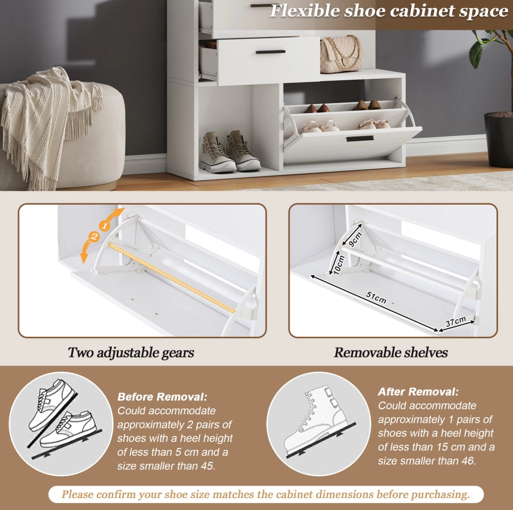 Garderoba bianca in MDF 90x30x180 cm con specchio, 2 cassetti, 3 ganci e scarpiera ribaltabile