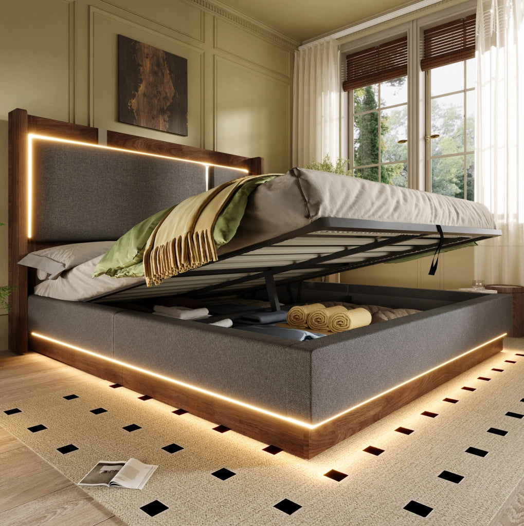 Letto Matrimoniale 140x200 con Contenitore, LED e Rete a Doghe, Tessuto Lino Grigio e Noce, Senza Materasso