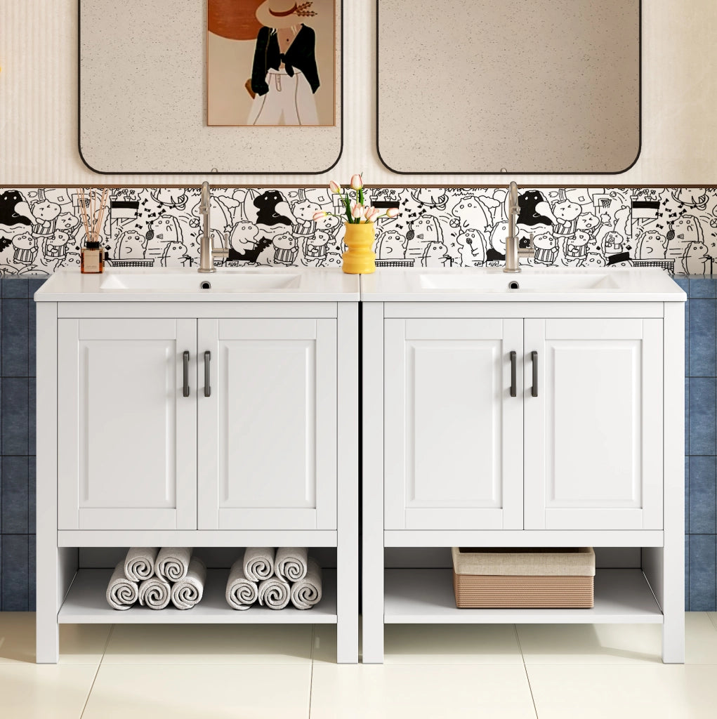 Mobile da bagno indipendente 76,5x47x83 cm con lavabo in ceramica integrato e doppia anta, finitura bianca completa