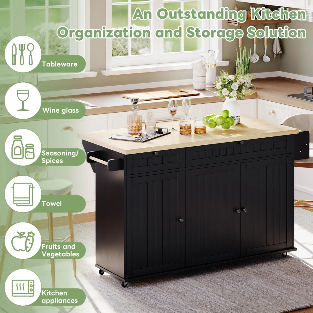 Isola da cucina mobile 137x70x89;5 cm con piano pieghevole in MDF nero e naturale