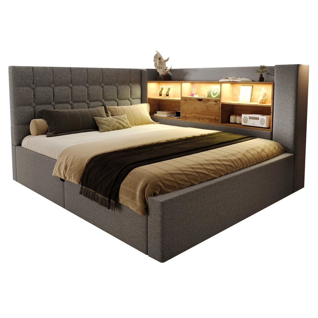 Letto matrimoniale 140×190 cm 2 posti con contenitore idraulico; mensole; LED e USB-C; senza materasso; grigio