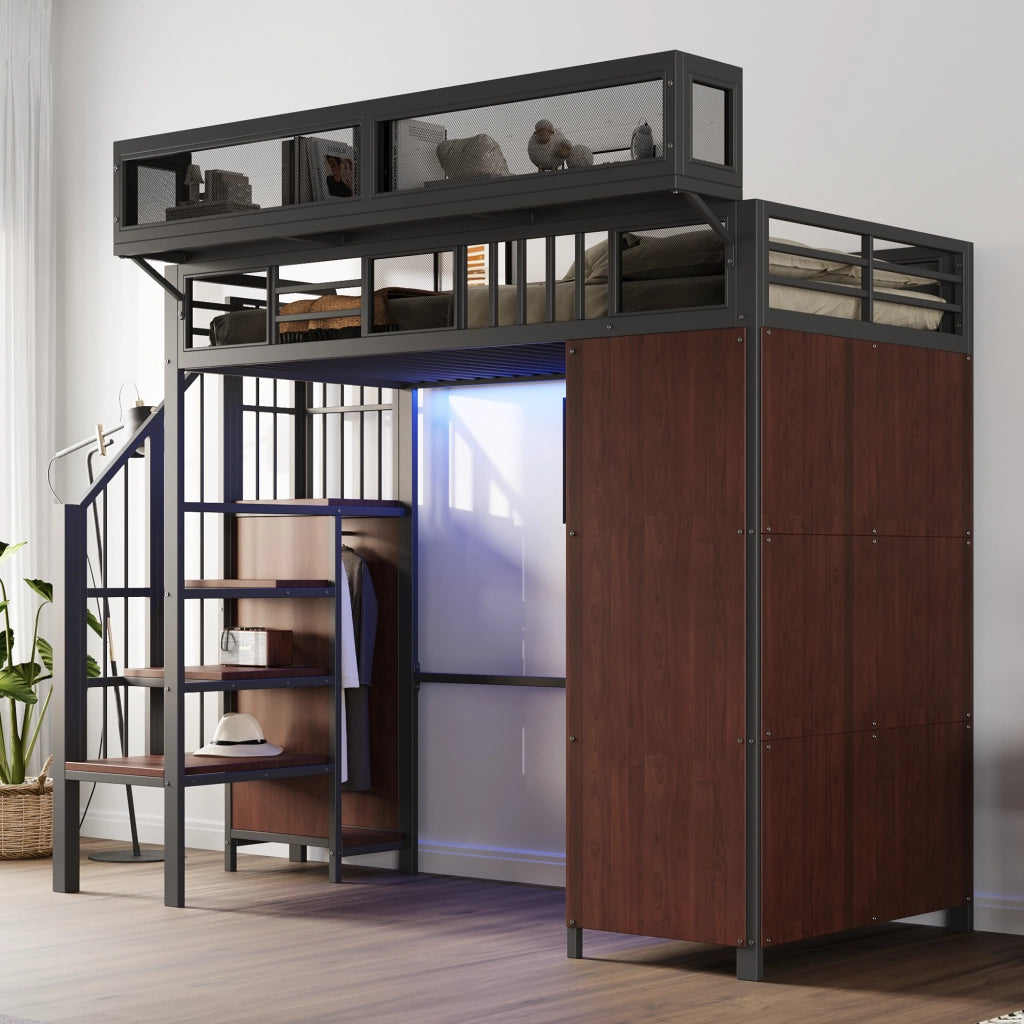 Letto a soppalco 90x200 cm in metallo e legno nero con armadio integrato