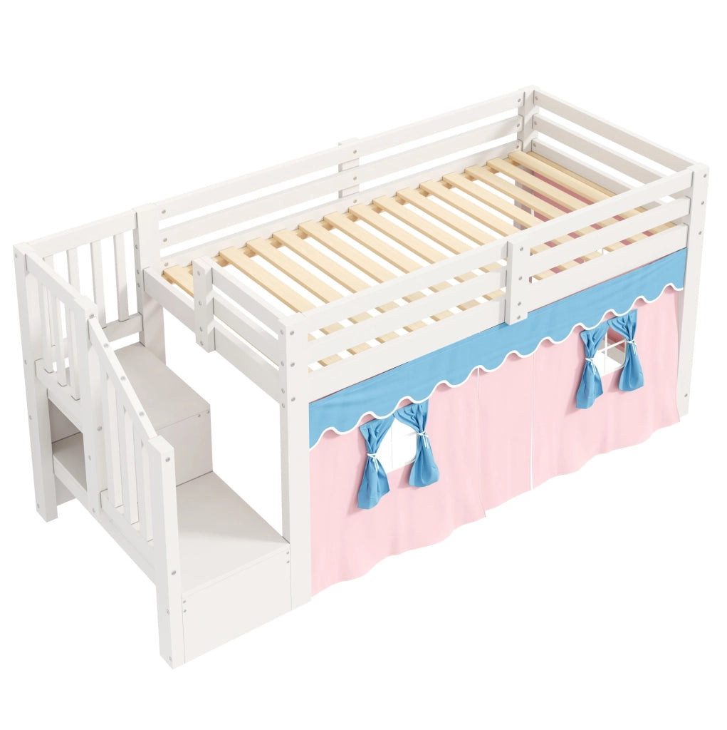 Letto semi-alto 90x200 cm bianco in pino e MDF con tenda oscurante; LED e mobile scala HOMVRA