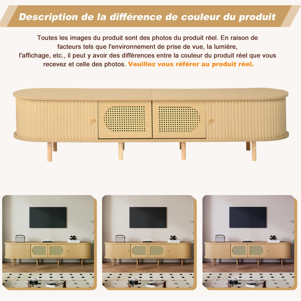 Mobile TV in MDF color legno chiaro 180 x 40 x 40 cm con ante in rattan; per TV fino a 75 pollici