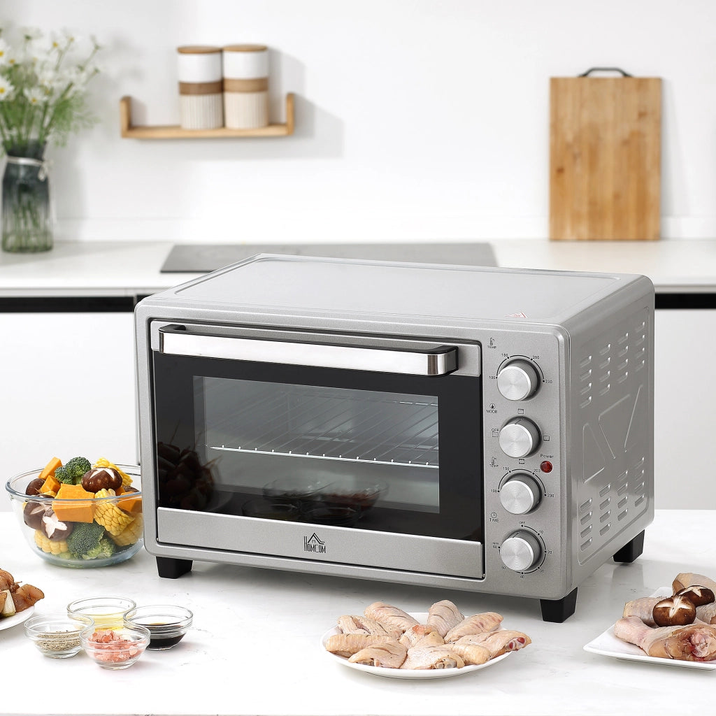 Mini forno 32L, 1600W, forno elettrico con vassoio raccogli scorie, acciaio inox e vetro, argento, 52,2x38,1x33,5cm