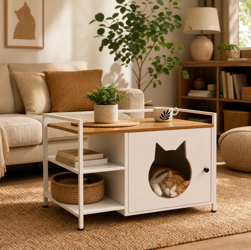 Mobile per lettiera gatto bianco e rovere chiaro in MDF e metallo, con 2 ripiani