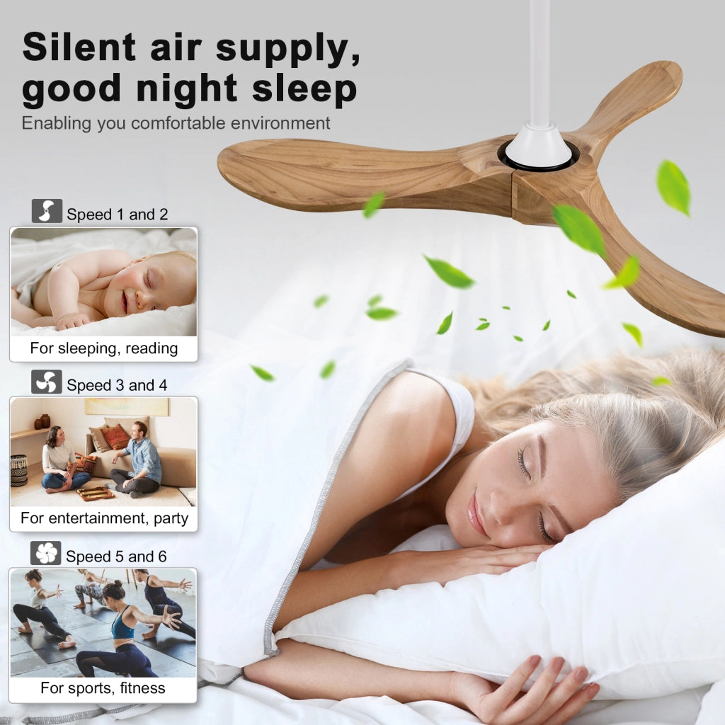 Ventilatore da soffitto con 3 pale in legno; telecomando e motore DC; bianco e legno naturale
