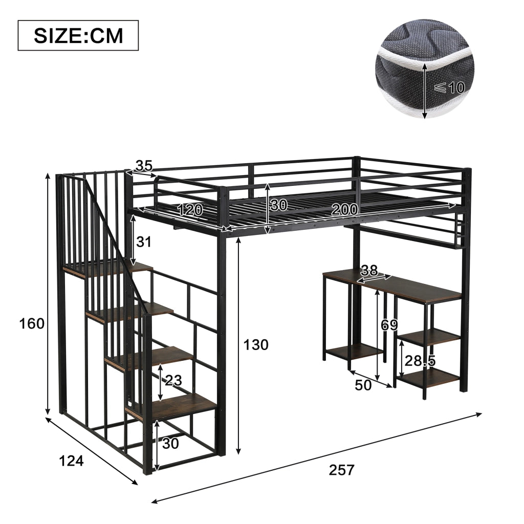 Letto a soppalco per bambini 120 × 200 cm con scrivania scaffale scale con corrimano metallo e legno nero noce scuro