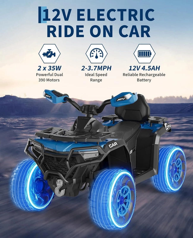Quad Elettrico Fuoristrada 12V per Bambini con Telecomando; Sospensioni; Bluetooth e Luci LED; 3-8 Anni