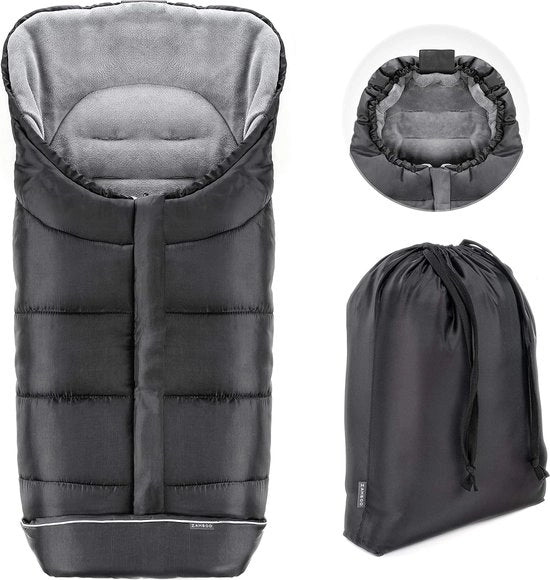 Zoccolo per passeggino, autoportante e buggy con protezione antiscivolo, panno termofleece morbido e lussuoso, cappuccio mummia, strisce riflettenti e tasca, nero-grigio.