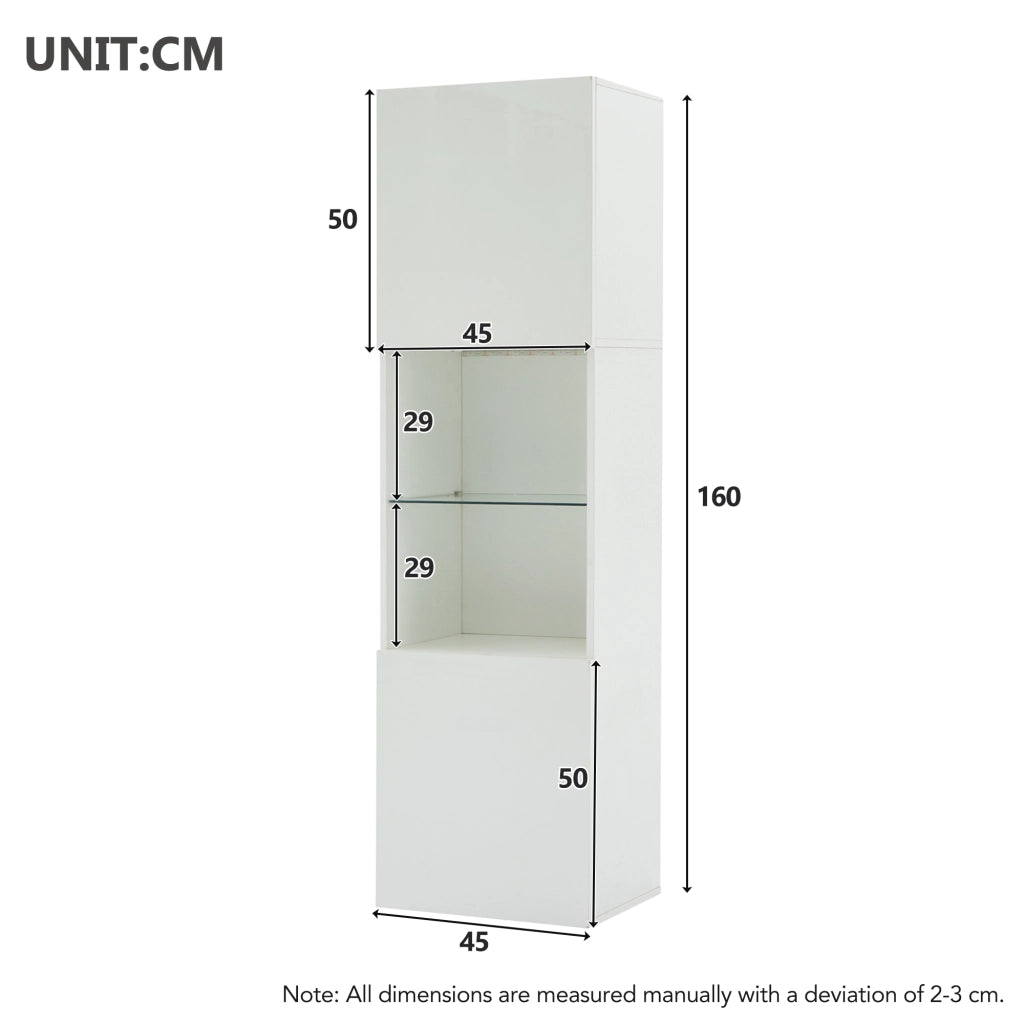 Vetrina alta con LED Bluetooth e ripiano in vetro temperato in truciolare bianco lucido 45 × 35 × 160 cm