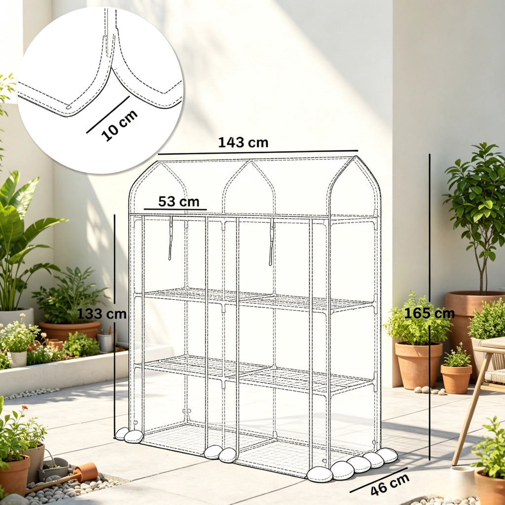 Serra da balcone 3 livelli 143x46x165 cm in acciaio e PVC trasparente, 2 porte –