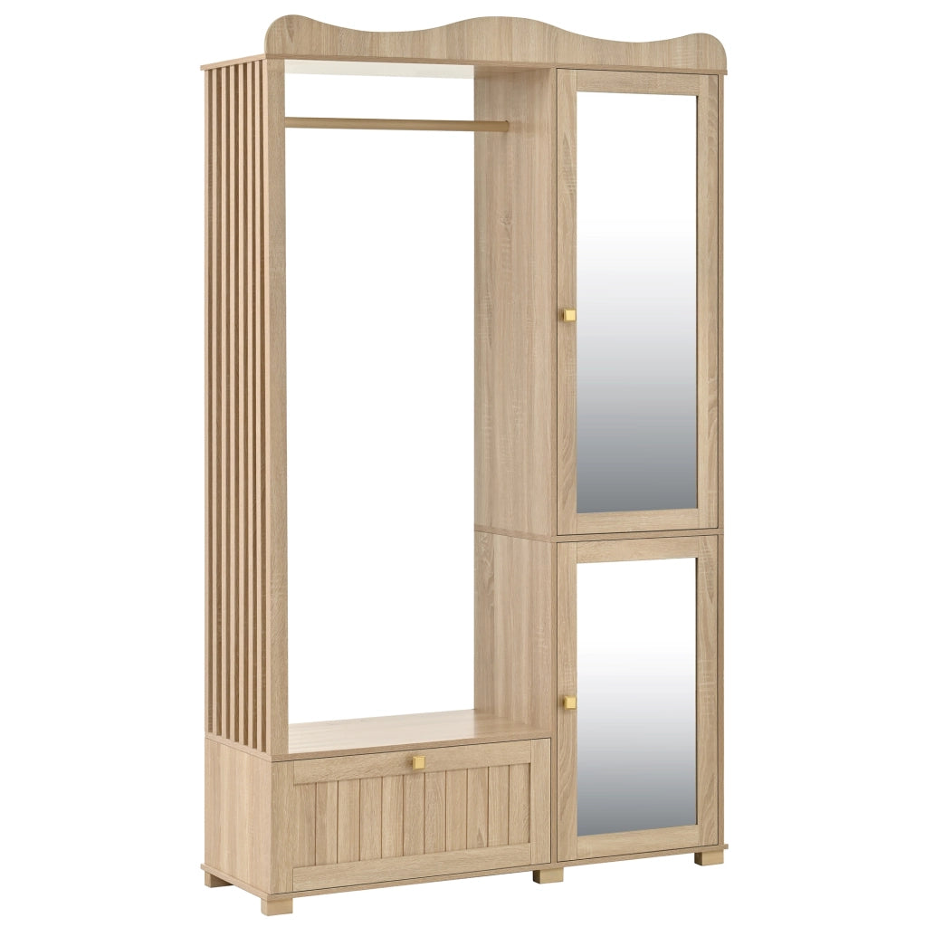 Guardaroba Aperto con Specchio a Figura Intera, Mobile con 2 Ante e Cassetto in MDF Colore Quercia, 115,5x38,5x194,5 cm