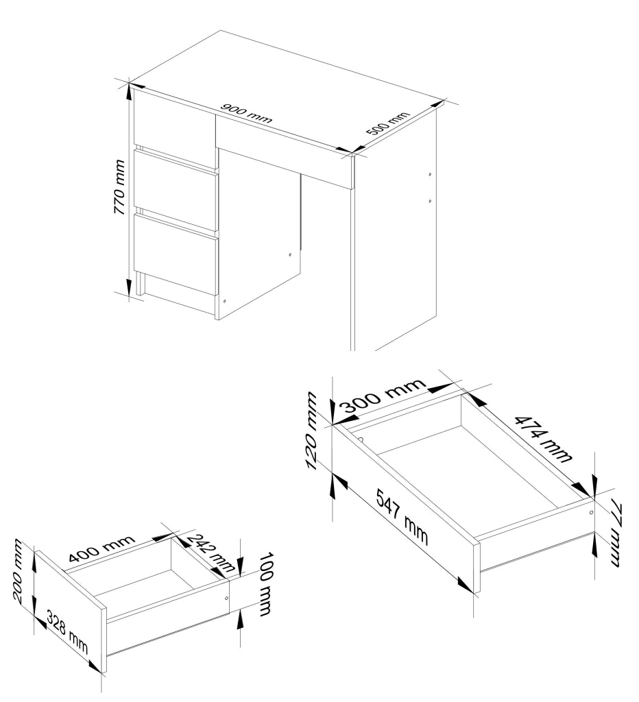 Scrivania per computer AKORD A7 Bianco 90 cm 4 cassetti 90x50x77 cm Modello a sinistra