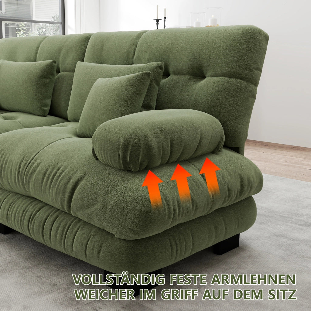 Divano modulare a U 4 posti con ottomane mobili e cuscini lombari, in ciniglia verde, 406 × 145 × 81 cm