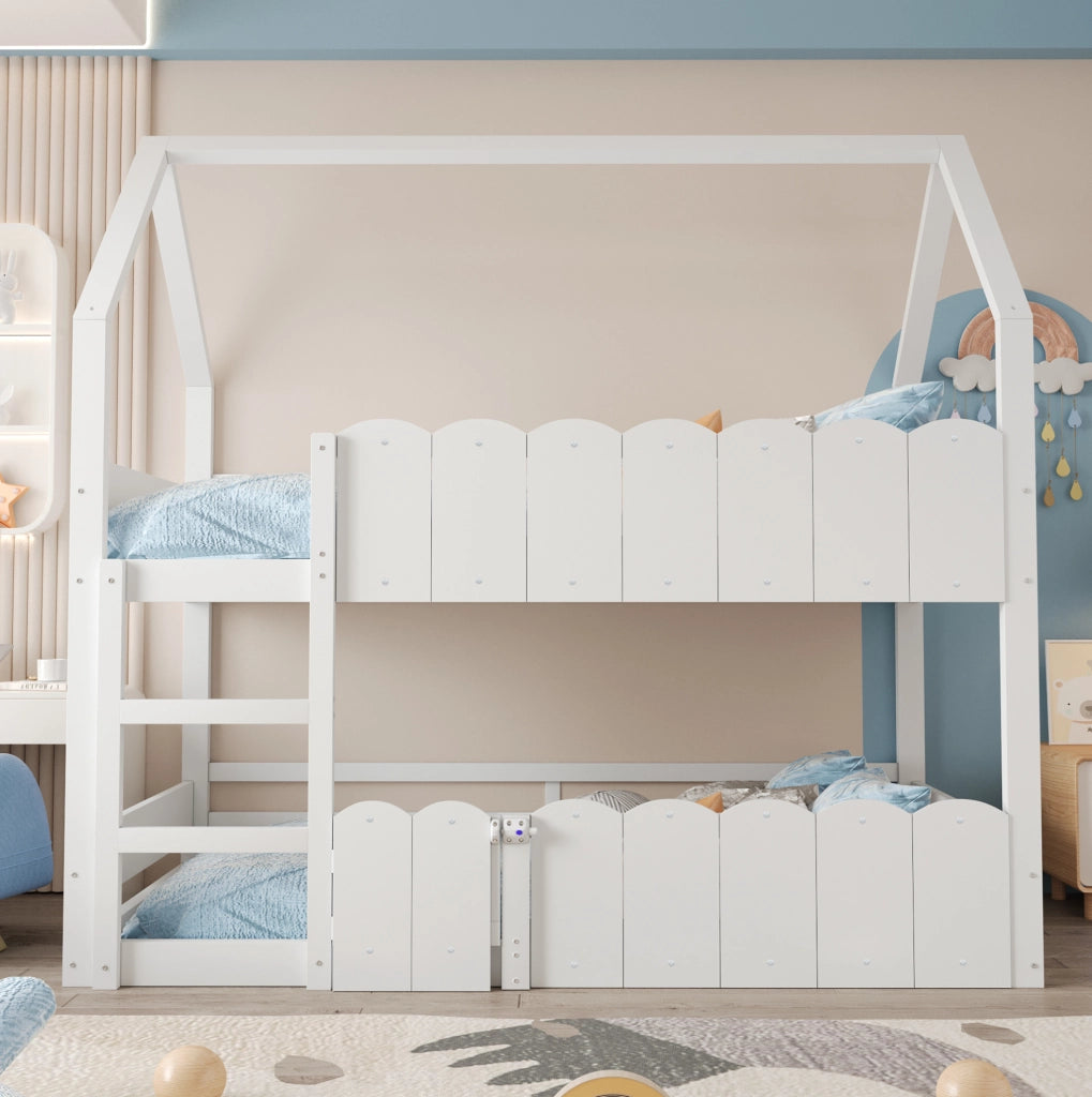 Letto a castello per bambini 90x200 cm a casetta con scala e sponde bianche