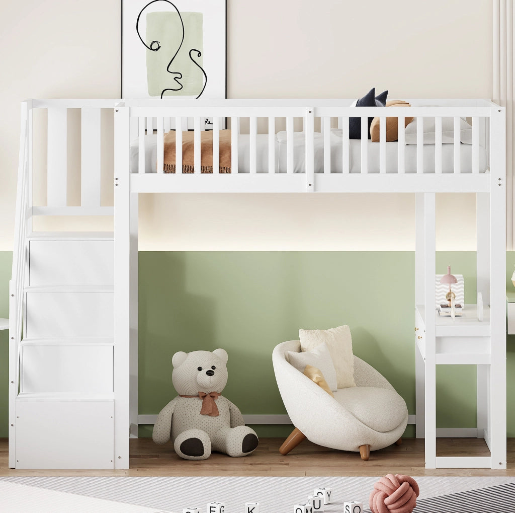 Letto a soppalco 90x200 cm con scrivania multifunzione e scala contenitore in pino massiccio bianco per bambini e ragazzi