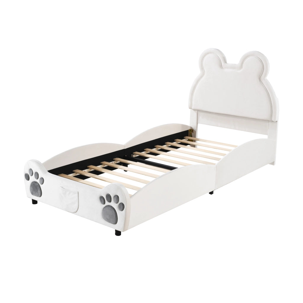 Letto per bambini a forma di orso 90 x 200 cm; imbottito in velluto bianco