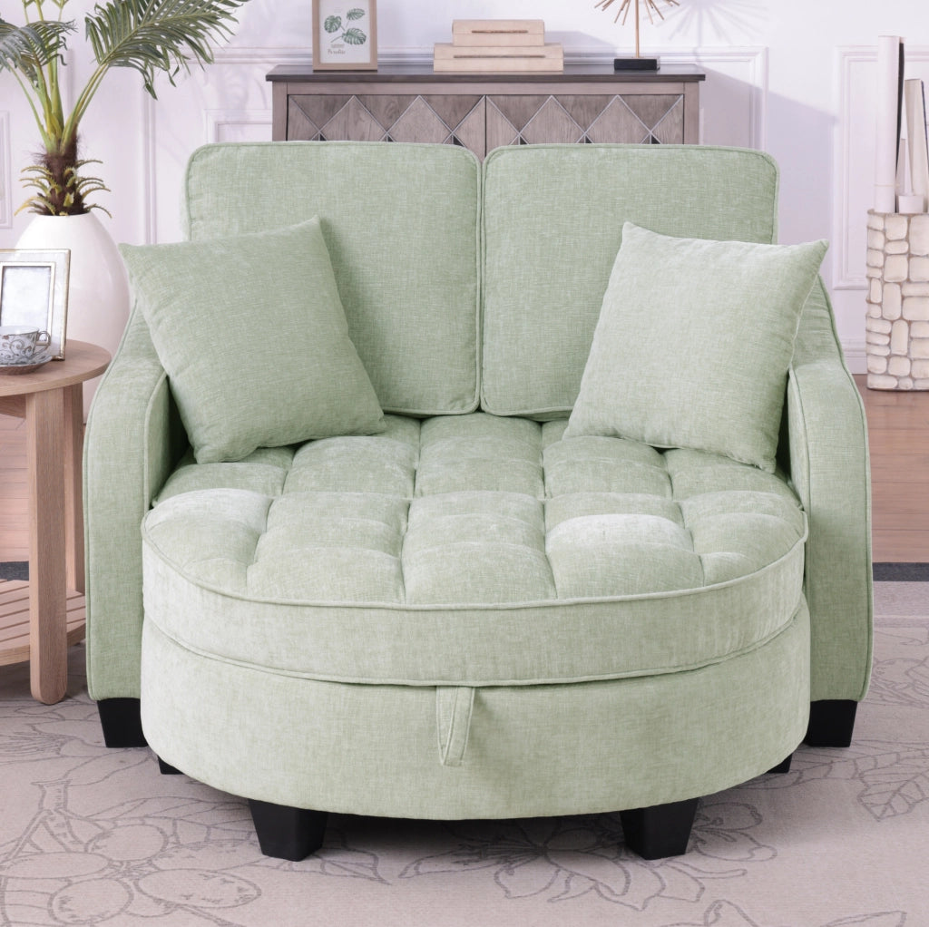Divano letto trasformabile 132x129x93 cm con pouf contenitore in legno di eucalipto; ciano