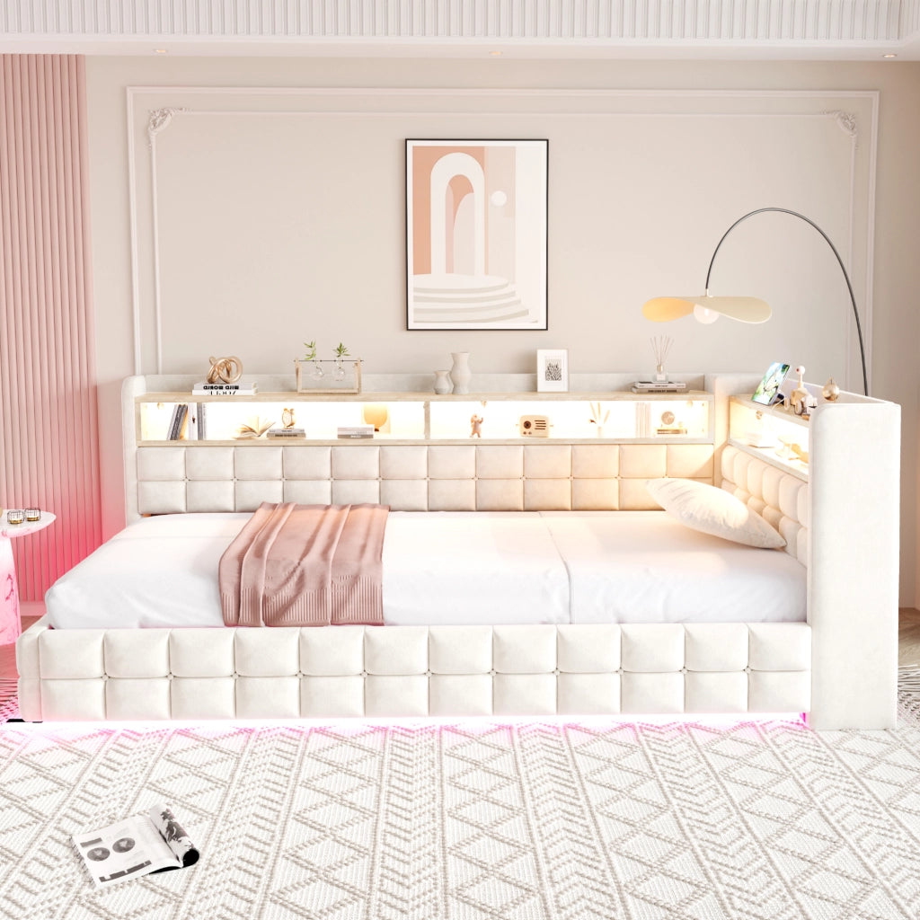 Divano letto 90 × 200 cm con vano contenitore idraulico LED prese USB e Tipo C rivestito in velluto beige