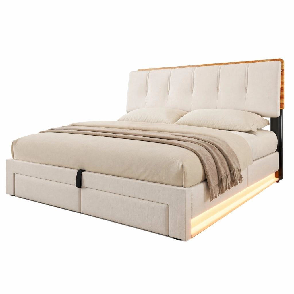 Letto imbottito 180 × 200 cm con contenitore idraulico; cassetti; LED; USB e Type-C; lino beige