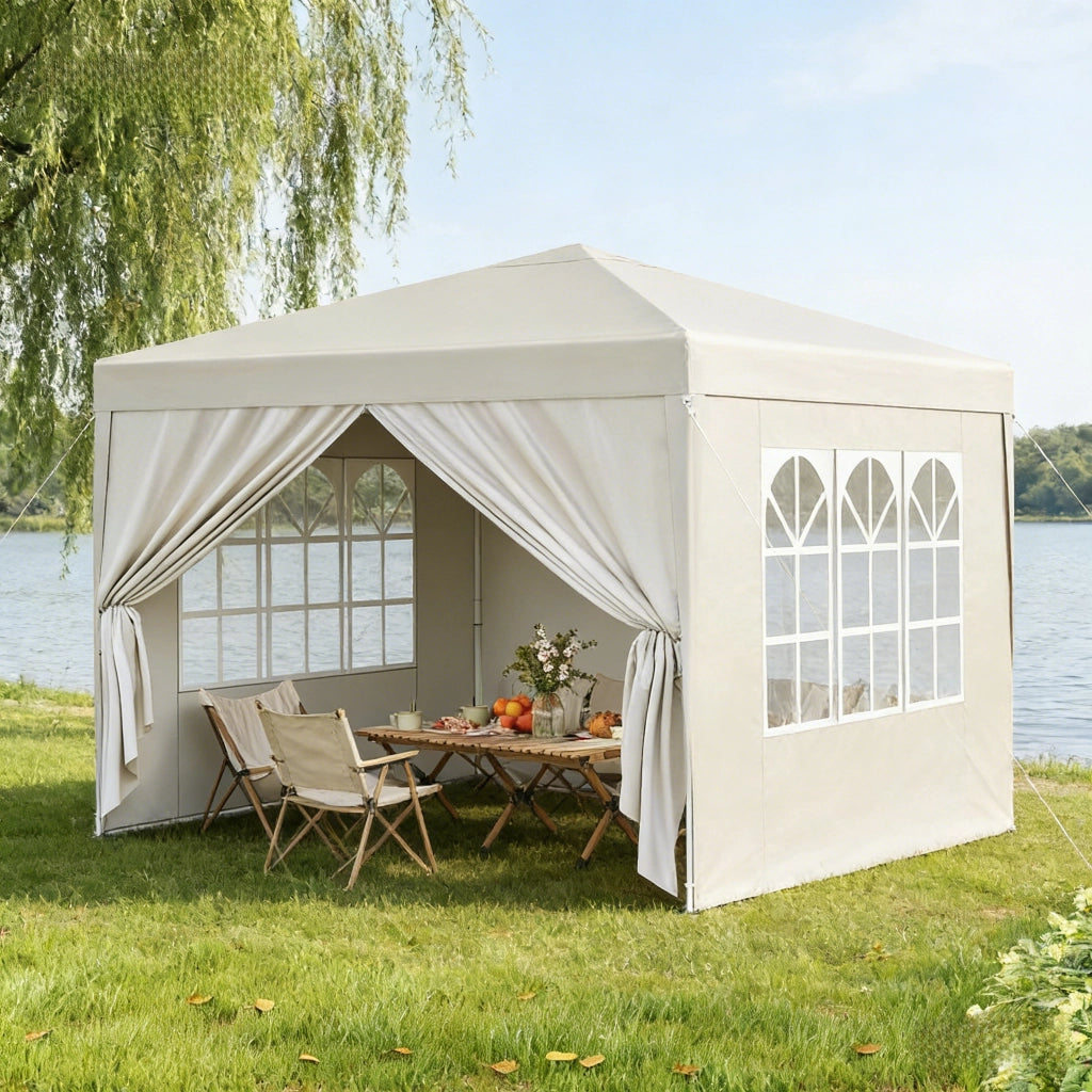 Gazebo pieghevole 3 × 3 m impermeabile con tetto Oxford 210D beige altezza regolabile e pareti laterali