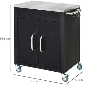 Carrello da cucina nero con ruote, armadietto, 6 ganci e piano in acciaio inox 86x50x86,5 cm
