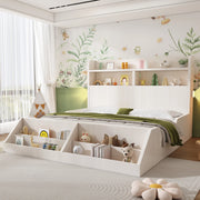 Letto in legno bianco 140x200 cm con contenitori, luci notturne e scaffale libreria removibile