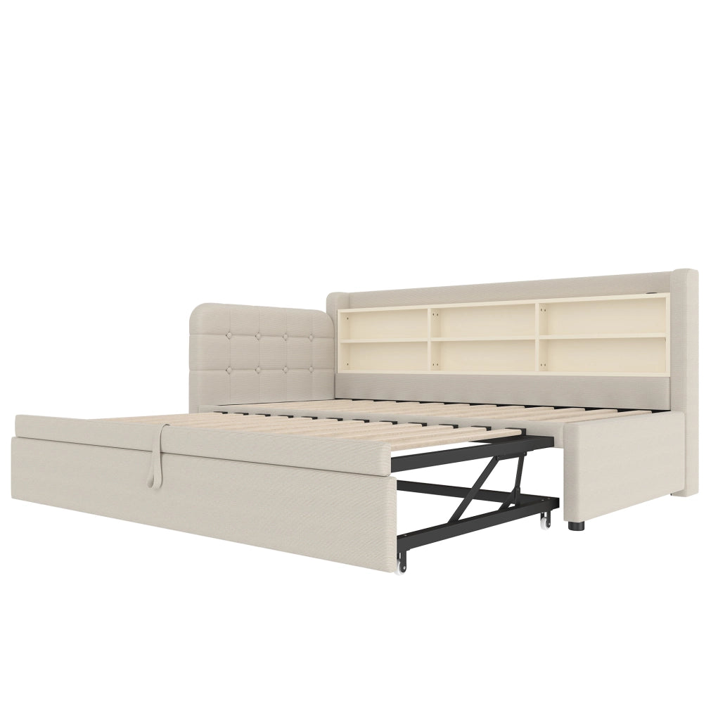 LETTO DIVANO ESTRAIBILE 90x200 cm Lino Beige USB + Tipo C