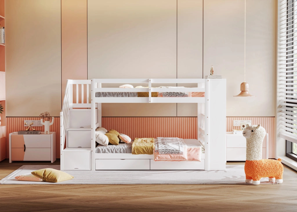 Letto a castello modulare 90 × 200 cm in legno bianco con scala contenitore cassetti e armadi integrati