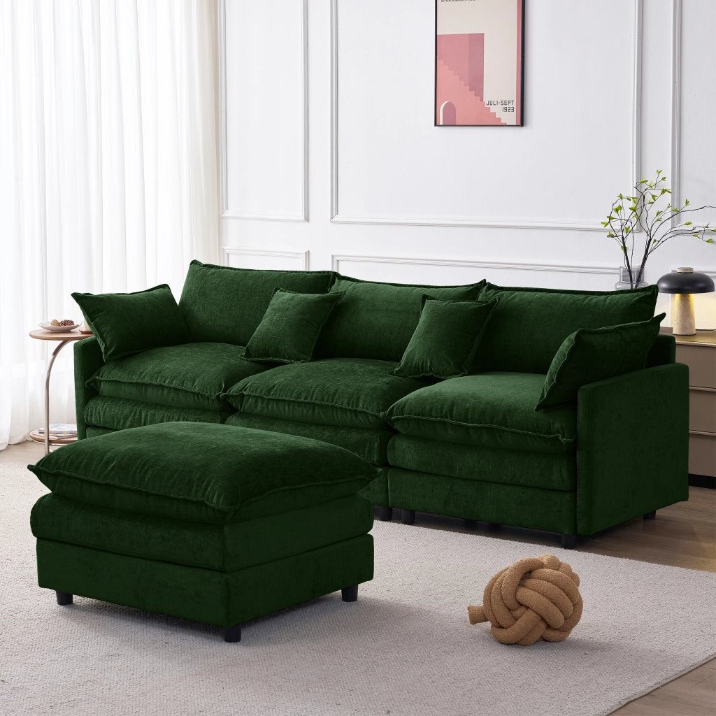 Divano angolare a 3 posti modulare in ciniglia verde con pouf struttura in legno sfoderabile 267 × 154 × 85 cm