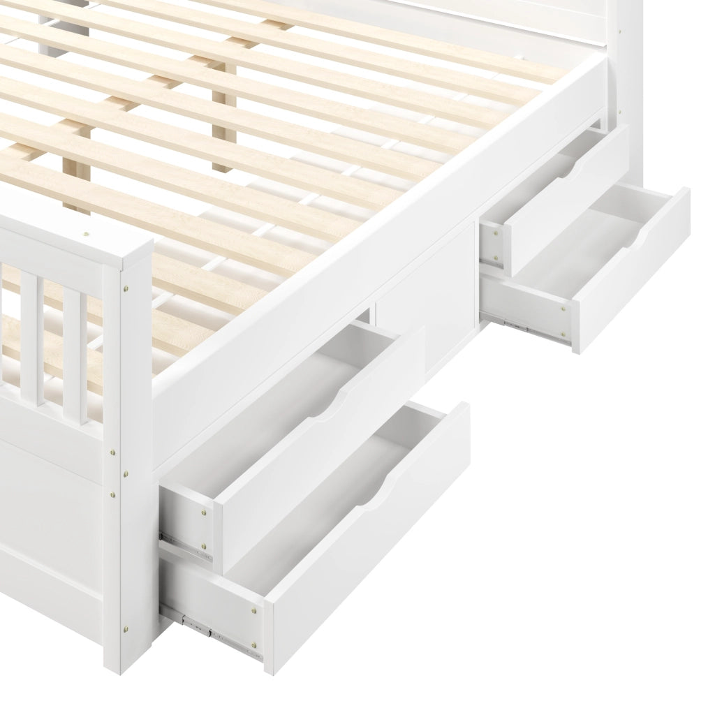 Letto 180x200 cm con testiera libreria, LED regolabile, USB e 4 cassetti in MDF bianco