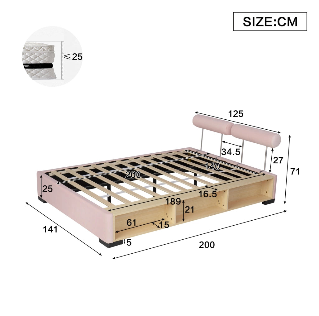 Letto imbottito rosa 140x200 cm per bambini con LED e ripiano laterale