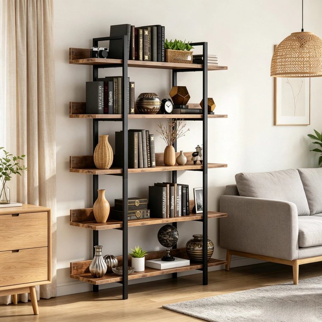 Libreria a 5 ripiani con struttura in metallo e pannelli in legno nero e marrone rustico 105 × 33 × 180 cm