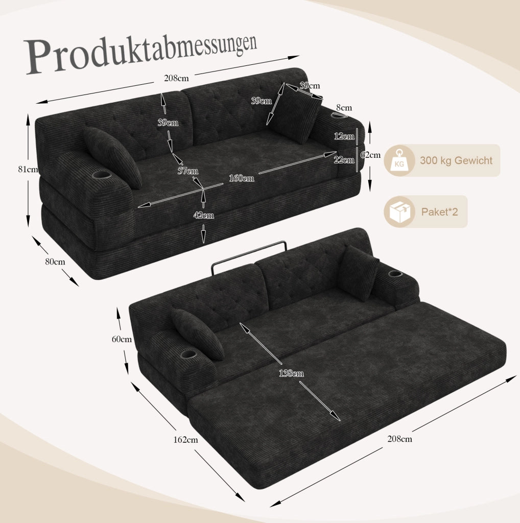 Divano letto 3 posti con rivestimento in velluto a coste, schienale alto, struttura in metallo, 2 portabicchieri e 4 tasche laterali, nero