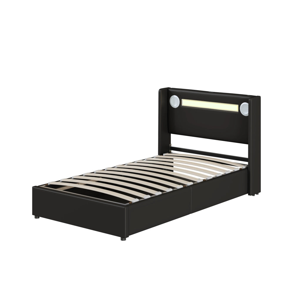 Letto imbottito ULEVR 90x200 cm con contenitore idraulico, LED, Bluetooth e 2 porte USB, nero