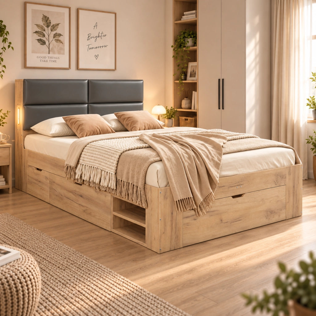Letto ULEVR 140x200 cm con cassetti, vani estraibili, luce notturna LED, USB e USB-C, naturale