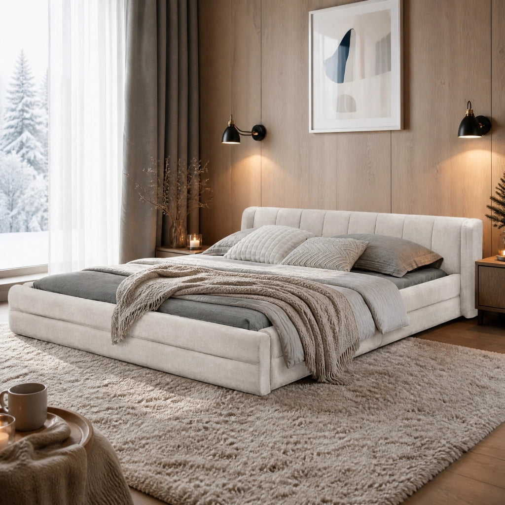Letto 160x200 cm con testiera imbottita e rivestimento in tessuto ciniglia beige