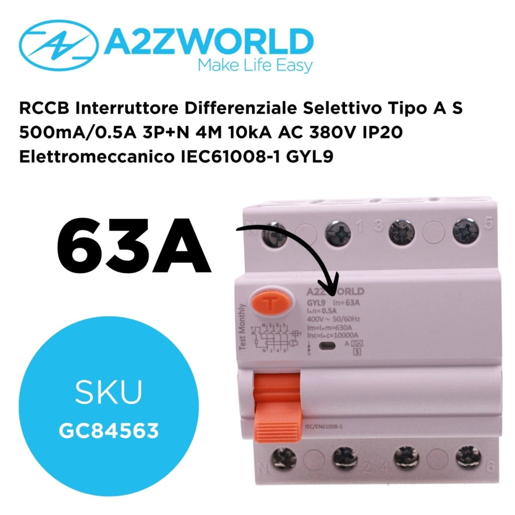 RCCB Interruttore Differenziale Selettivo Tipo A S 500mA/0.5A 3P+N 4M 10kA AC 400V IP20 Elettromeccanico IEC61008-1 GYL9, Corrente Disponibili 63A 100A (63A)
