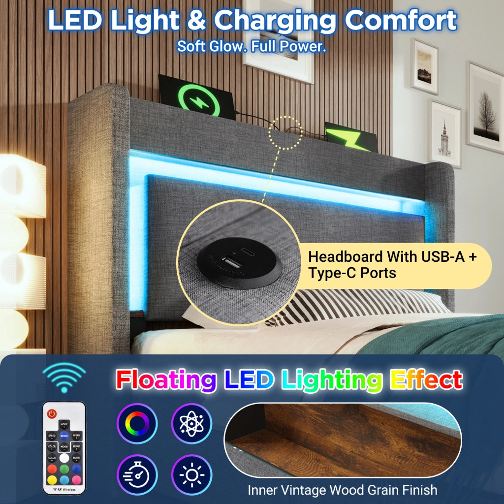 Letto contenitore singolo 90 × 200 cm con cassetto; LED regolabile; USB e porta tipo C; con materasso; grigio