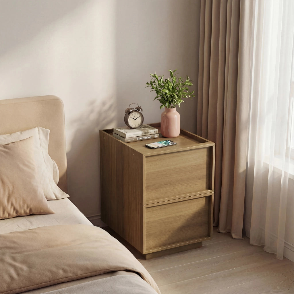 Comodino con 2 cassetti senza maniglie, stile minimalista, per camera da letto, in MDF e truciolare, rovere, 38 × 48 × 55 cm