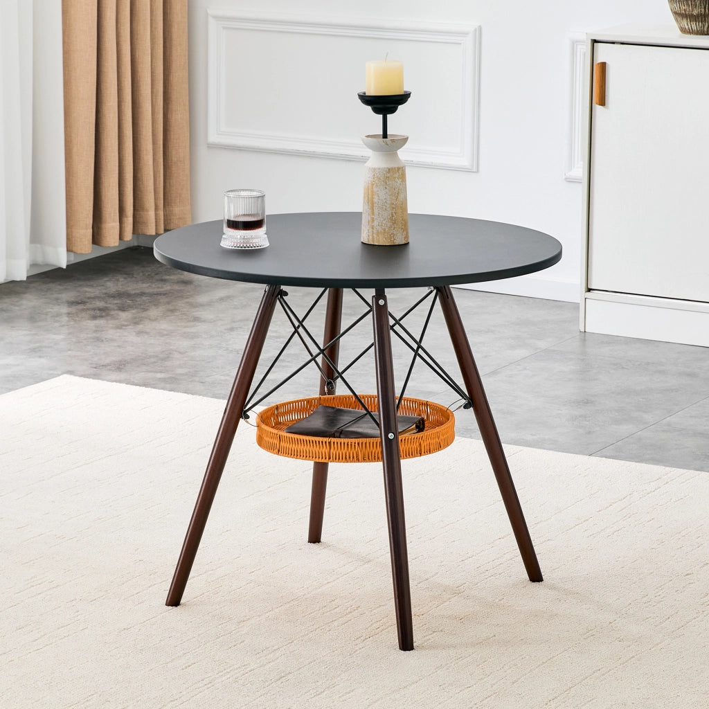 Tavolo da pranzo rotondo 80 cm con cestino sospeso in MDF e legno colore nero e noce