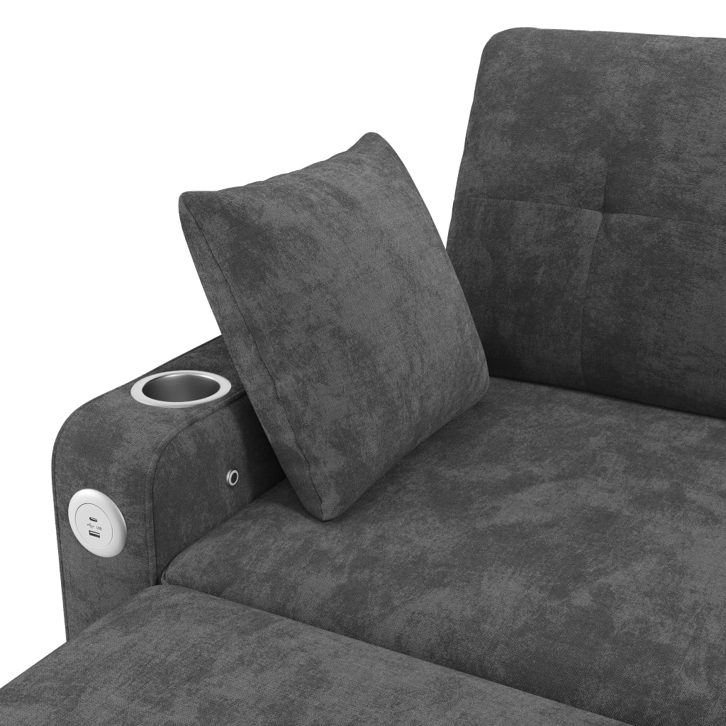 Divano letto 2 posti estraibile con LED, USB e USB-C, vani e portabicchieri grigio
