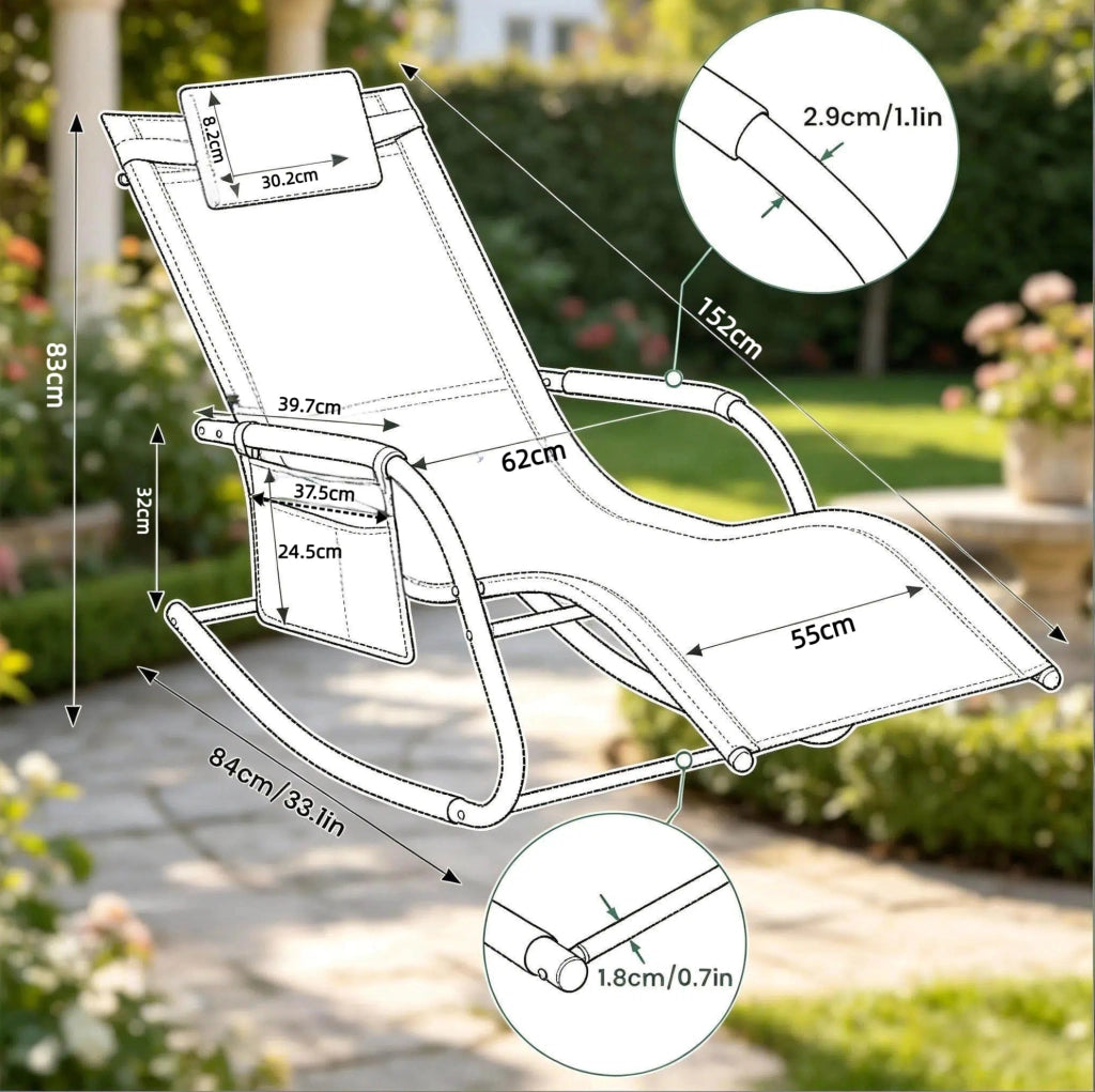 Sedia a dondolo da esterno in policotone nero con struttura in metallo 152x83x62 cm