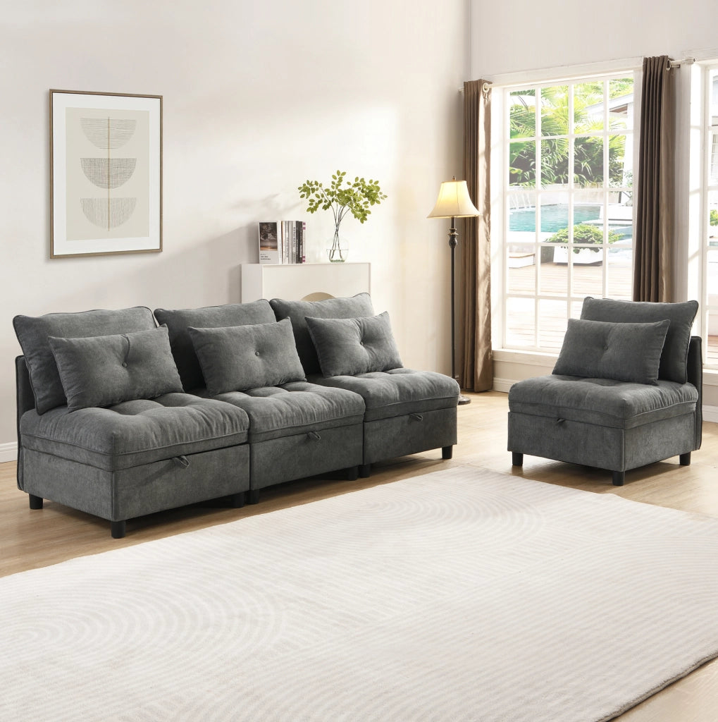 Divano letto modulare 4 posti con contenitore in ciniglia grigio anticato HOMVRA