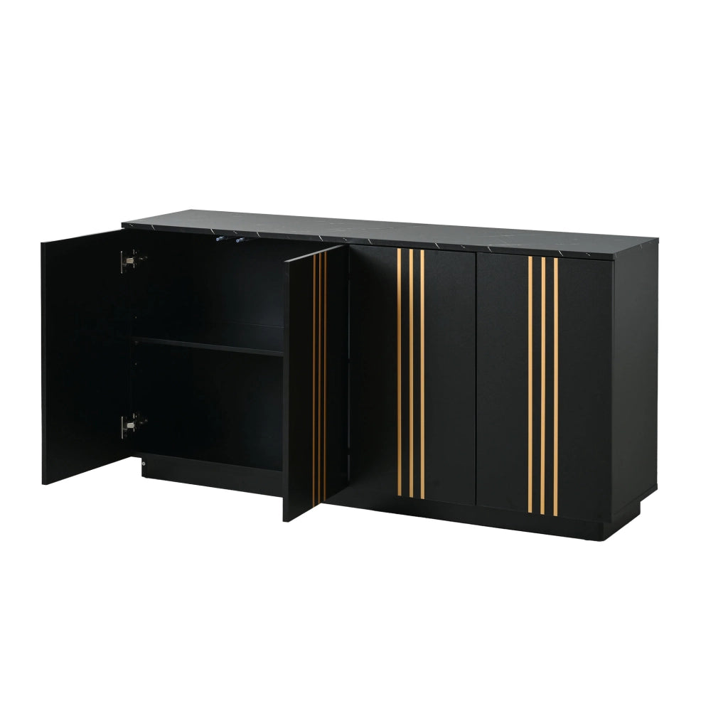 Credenza Soggiorno Nera e Oro 140 cm con 4 Ante e Ripiani Regolabili