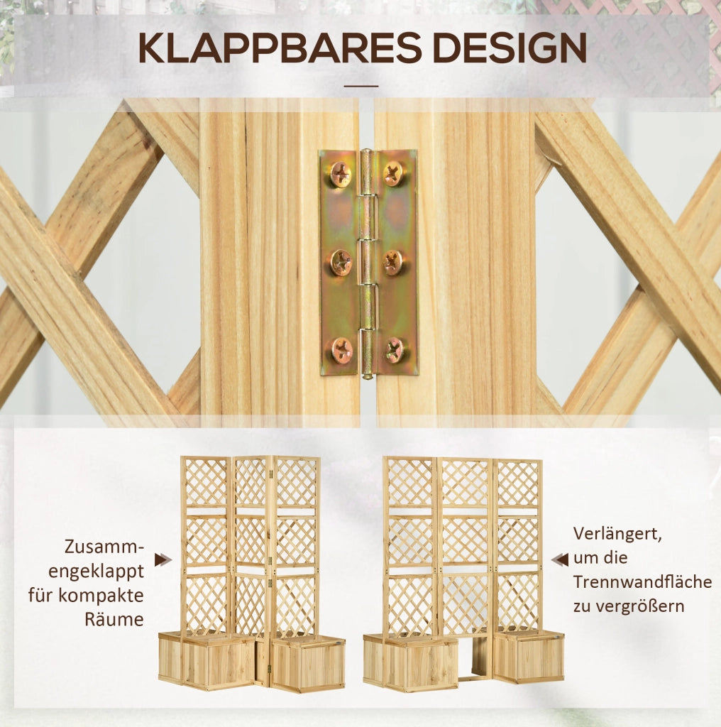 Paravento pieghevole con 4 fioriere in legno naturale, 133 x 165 cm, protezione visiva per giardino e terrazza