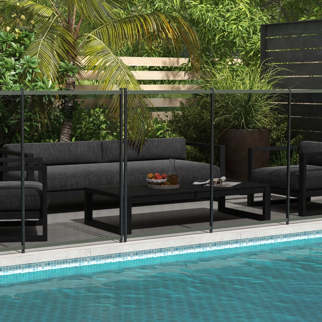 Desviae Recinzione per piscina con 4 pannelli in alluminio nero e rete Texteline 365 × 126 cm per giardino e terrazzo