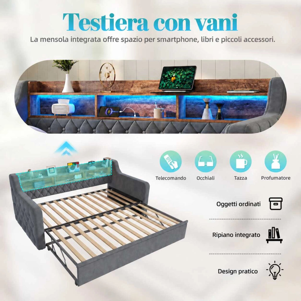 Letto divano 90x190 cm in velluto grigio scuro con letto estraibile; testiera con vani; LED; USB e USB-C